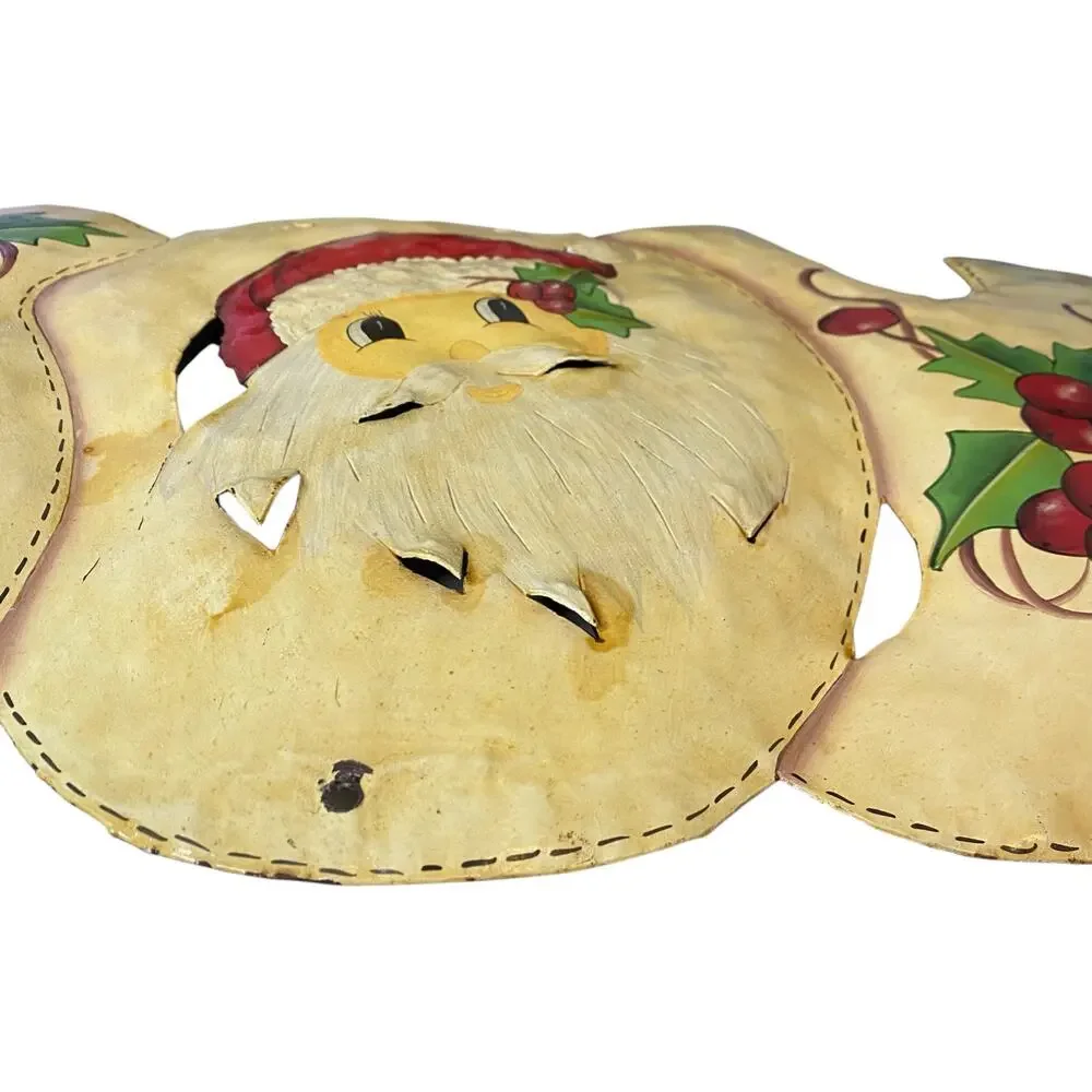 Vintage Christmas Cutout Metal Wall Art Decoration Joy Sign with Santa Face